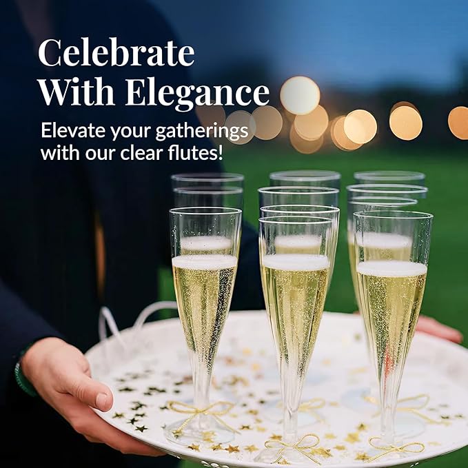 Prestee Set of 24 Clear Plastic Champagne Flutes - 4.5 oz Capacity Shatterproof Disposable Glasses - Suitable for Weddings, Cocktail Parties, and Outdoor Celebrations