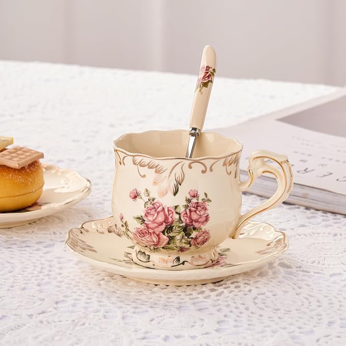 YOLIFE Tea Cups and Saucers Set of 6, 8 OZ Flowering Shrubs | Ivory Vintage - Image 8