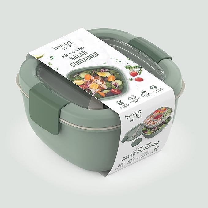 Bentgo Salad Container - 54 oz Bowl with 4-Compartment Toppings Tray, Leak-Proof Dressing Container, Reusable Fork, BPA-Free Lunch Box for Meal Prep & Food Storage; Removable Bento Tray (Khaki Green)