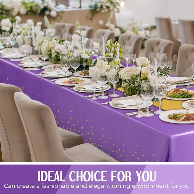 8 Pack Purple and Gold Disposable Plastic Tablecloths and Satin Table Runner Set - Image 6