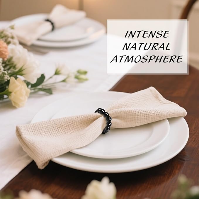 Napkin Rings Set of 6,Farmhouse Stretchable Wooden Bead Reusable Cloth Napkin Holders for Wedding, Christmas, Graduation & Dinner Parties Black Napkin Ring (6)