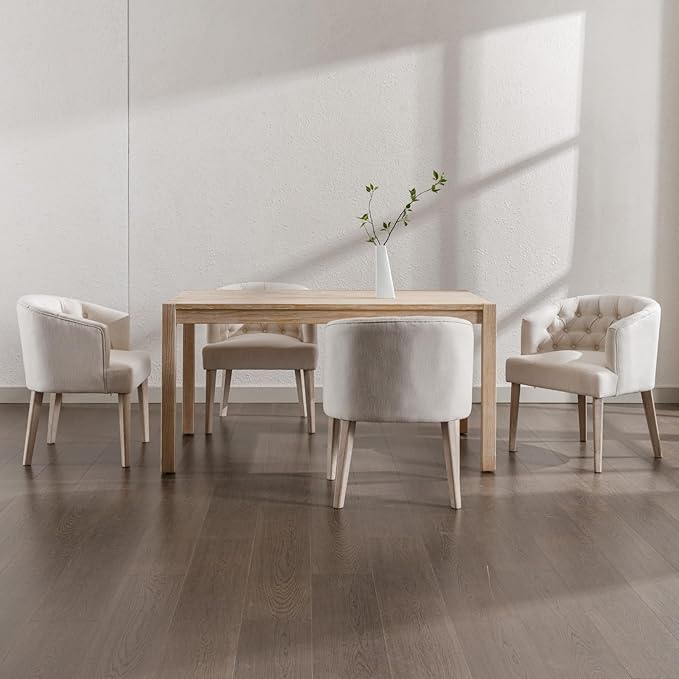 Mid-Century Dining Chairs Set of 4, Tufted Upholstered Linen Dining Room Chairs Comfy Side Chair Armchair Guest Chair with Wooden Legs for Dining Room Living Room, Beige
