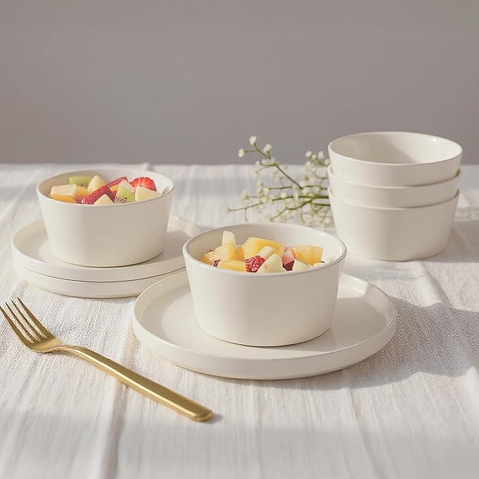 MIAMIO β Ceramic Dinner Plates Set for 4 People/Ceramic Dinnerware 4-Piece, Modern Stoneware, Dishwasher & Microwave Safe β Luxe Collection (White, 10 Inch)