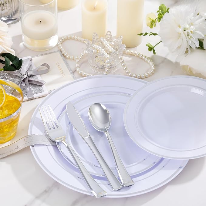 WELLIFE 600 PCS Silver Disposable Dinnerware Set - Image 9