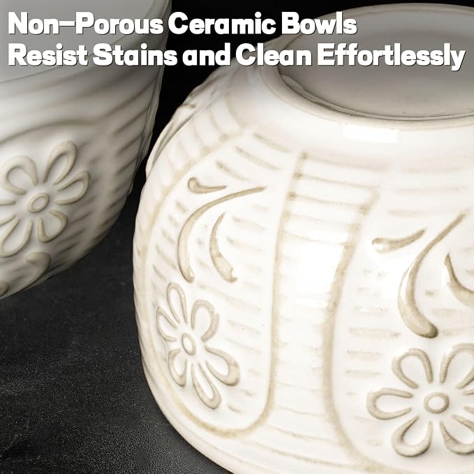 Small Bowls Set of 4, 12 oz Ceramic Embossment Dessert Bowls, Ice Cream - Image 7