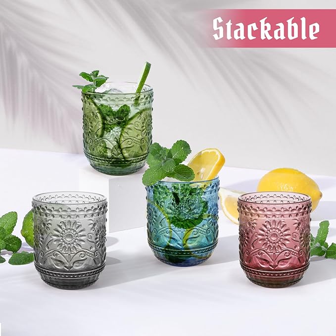Topsky Vintage Drinking Glass Set of 4, 12 oz Embossed Floral Drinkware Set - Image 8