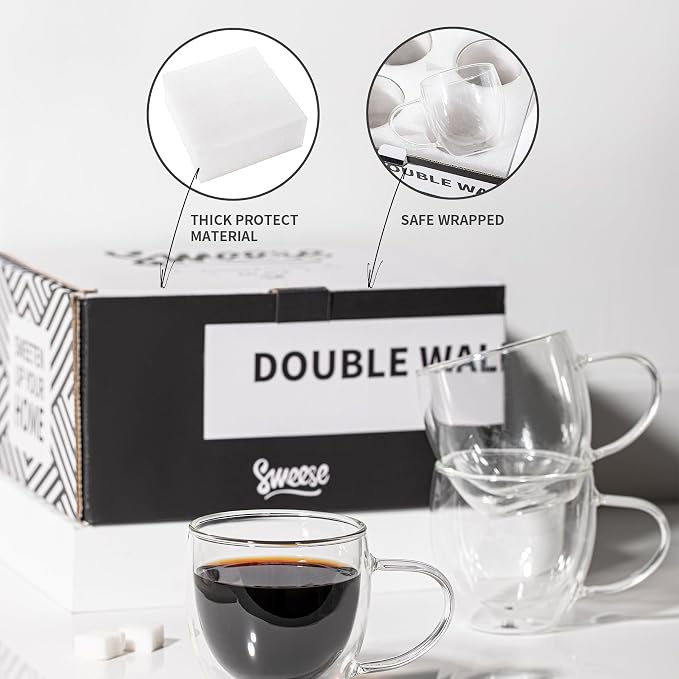 Sweese Clear Coffee Mugs - 8 oz Double Wall Glass Coffee Mugs Set of 4 - Image 9