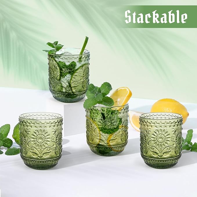 Topsky Vintage Drinking Glass Set of 4, 12 oz Embossed Floral Drinkware Set - Image 8