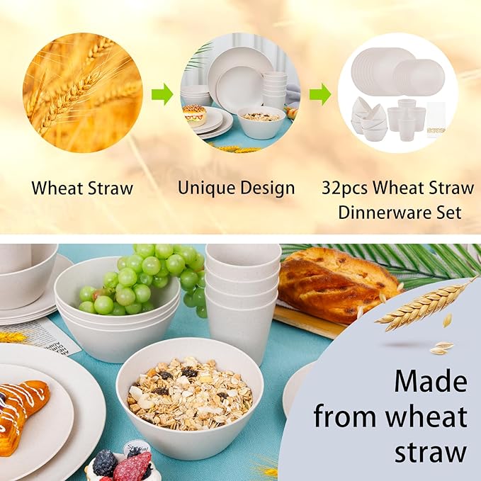 32Pcs Reusable Cream Wheat Straw Dinnerware Plates and Bowls Sets | Unbreakable - Image 9