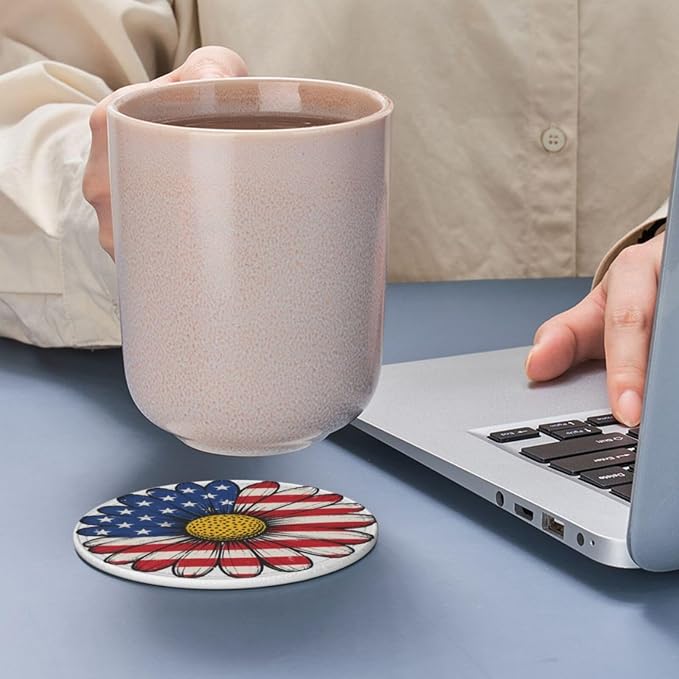 Patriotic American Flag Daisy Floral Leather Coasters Set of 6 - Image 7