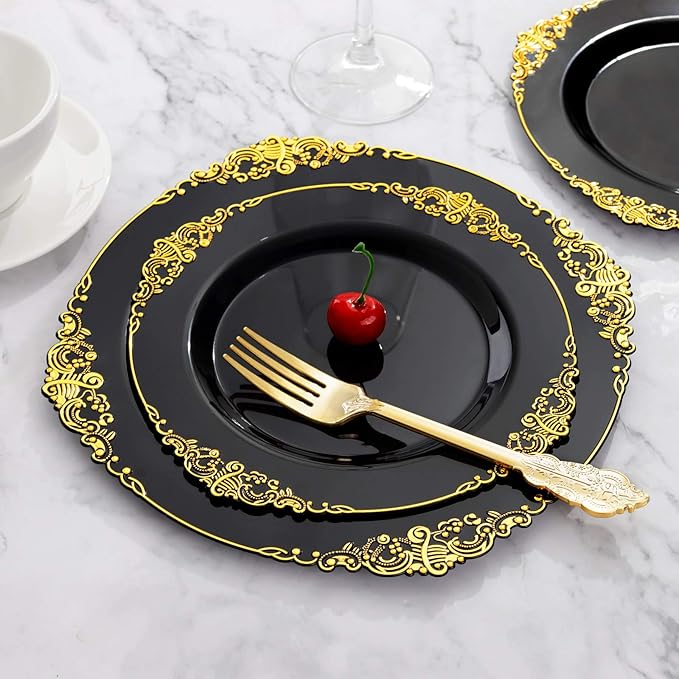 175 Pcs Black Gold Plates for Graduation | Black Party Plates Set for 25 Guests - Image 9