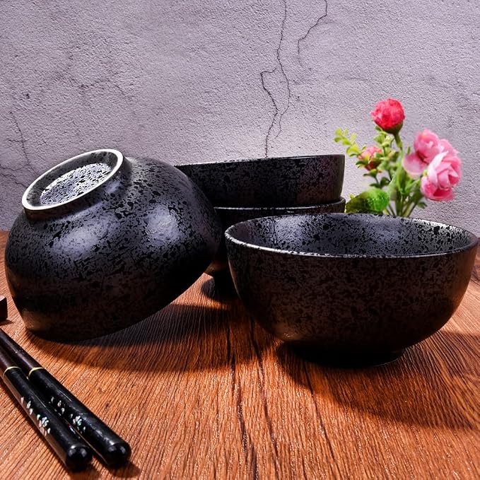 Japanese Rice Bowl Set of 4 Porcelain Sushi Bowls Serving Bowls Speckled Black - Image 7