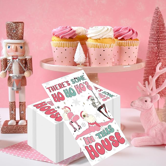 Theres Some Ho Ho Hos in This House Napkins - 100 Pcs Pink Friendmas Christmas Party Decorations Funny Santa Cocktail Disposable Paper Dinner Holiday Table Party Supplies Decor for Adults