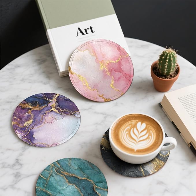 Marble Coasters Leather Round Drink Coasters 6 Pcs Set - Image 6