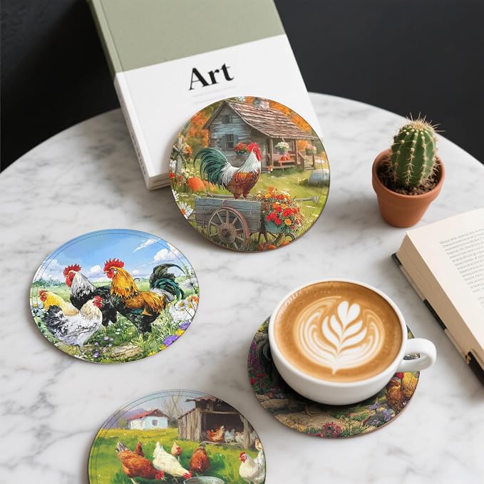 Rooster Coasters Leather Round Drink Coasters 6 Pcs Set - Image 6