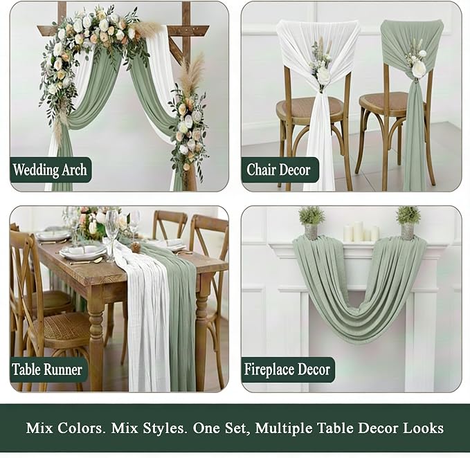 Cheesecloth Table Runner 2 Pack White and Sage Green, Boho Gauze Table Runner - Image 7