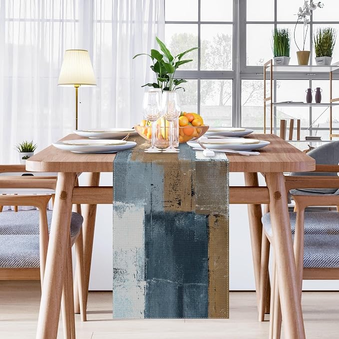 Emvency Table Runner, 13x72 Inch, Abstract Gold Navy | Painting Modern Dining - Image 7