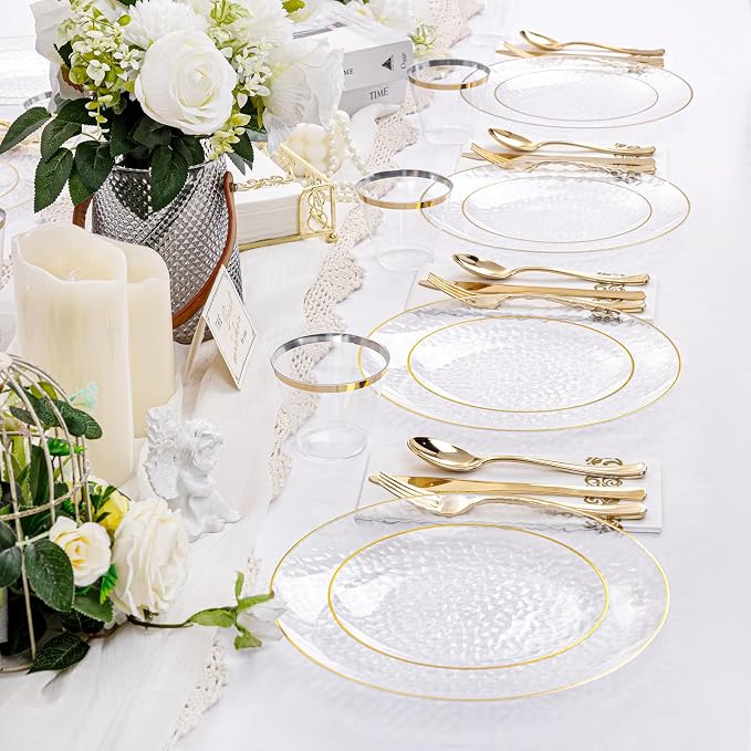 Rubtlamp 175 Pcs Plastic Dinnerware Set, Hammered Party Plates Include Dinner - Image 6