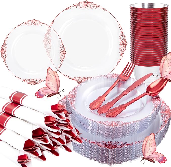 175 Pcs Clear Red Plates for Party | Red Party Plates Set for 25 Guests - Image 9