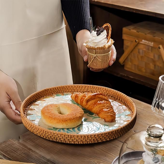 Round Rattan Tray with Mother of Pearl Inlay, Wooden Base | Coffee Table - Image 7