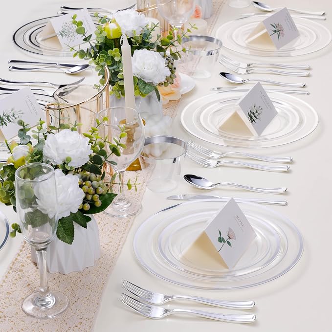 BESTSTAR 7 Inch Clear with Silver Rim Plastic Plates | 100PCS Disposable - Image 7
