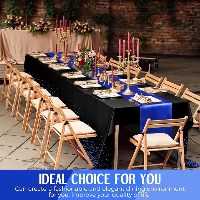 8 Pack Black and Blue Disposable Plastic Tablecloths and Satin Table Runner Set - Image 7