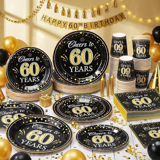 Pickmesh 250 Pcs 60th Birthday Party Supplies Decorations Serve 50 Black Gold - Image 6