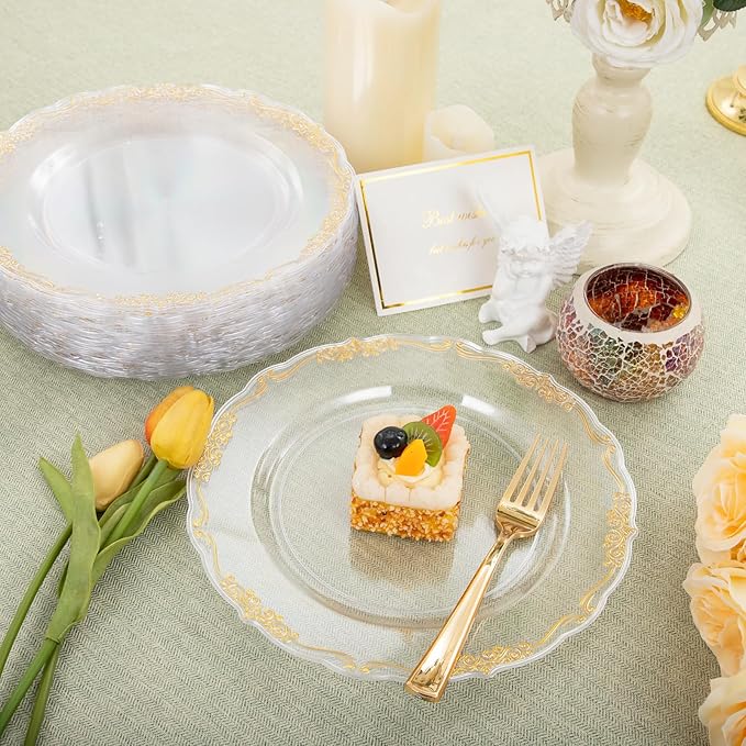 DaYammi 60PCS Clear Gold Plastic Plates Fancy Heavy Duty Clear Disposable - Image 9
