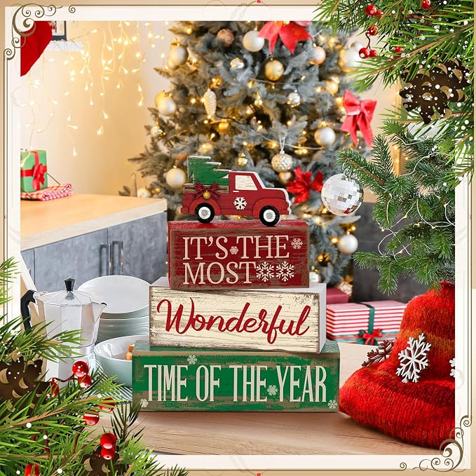 Moucuny 4 Pcs Christmas Decor Wooden Red Truck Winter Tiered Tray Decor Rustic - Image 6
