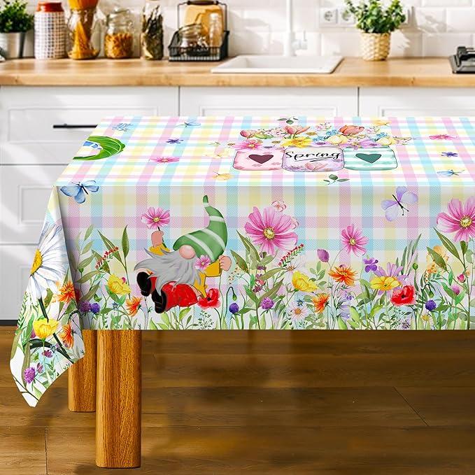 Spring Tablecloth Round, 70 Inch Gnome Flowers Buffalo Check Plaid Kitchen Table Cover for Dining Room Indoor Decor