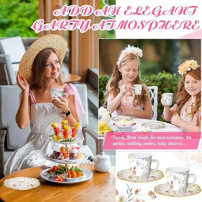Umigy 60 Sets Tea Party Decorations 6.5 oz Fairy Floral Paper Tea Cups - Image 6