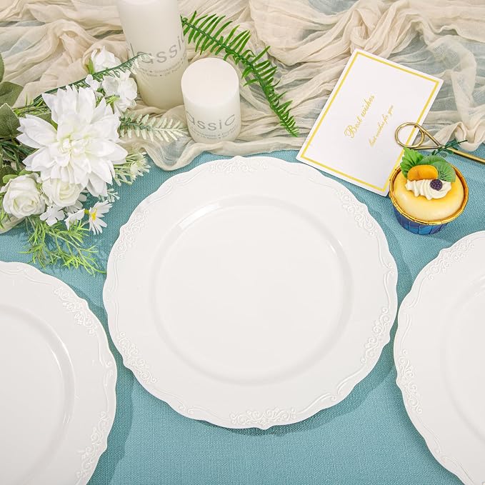 DaYammi 60PCS Ivory Plastic Plates, Fancy Plastic Plates Disposable Heavy Duty - Image 9