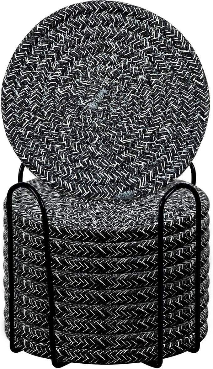ABenkle Drink Coasters with Holder Set of 10, Cotton Woven Absorbent Coasters by ABenkle