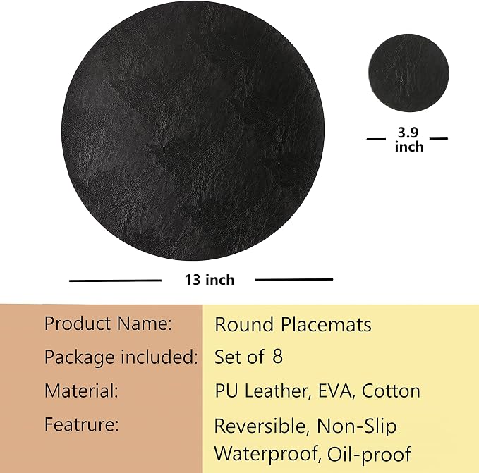 Set of 8 Round PU Leather Placemats, Waterproof Coffee Coasters, Kitchen Table - Image 7