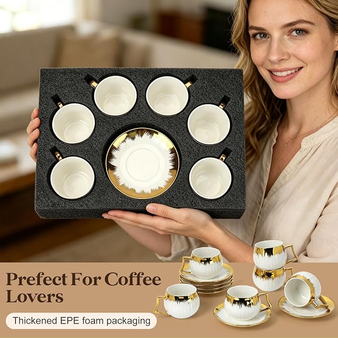 3.5 OZ Espresso Cups with Saucers, Ceramic Coffee Cup Set of 6, Turkish Coffee - Image 7