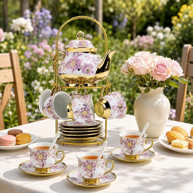 20Pcs Porcelain Tea Set with Metal Holder and Spoon, Floral Adult Tea Sets with - Image 6