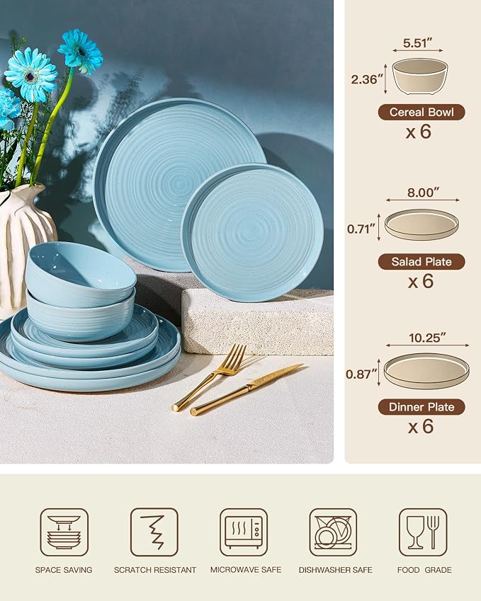 Dinnerware Sets for 6, Ceramic Plates and Bowls, Ice Blue | 18-Piece Ceramic - Image 6