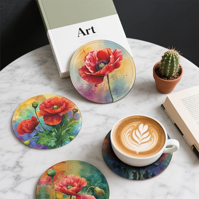 Red Flowers Coasters Leather Round Drink Coasters 6 Pcs Set - Image 6