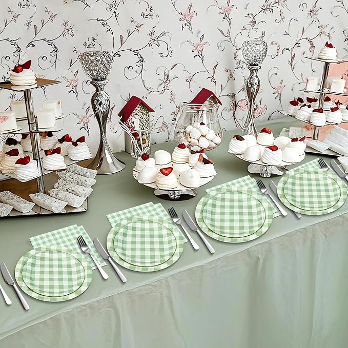 180Pcs Green Gingham Party Supplies Paper Plates and Napkins Serve 60 | - Image 7