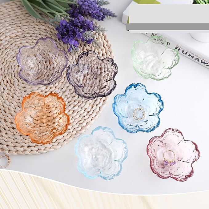 Blue Glass Ring Holder Dish, Cherry Blossom Decor Jewelry Trinket Tray, Rings Earrings Keys Storage Organizer Bowl