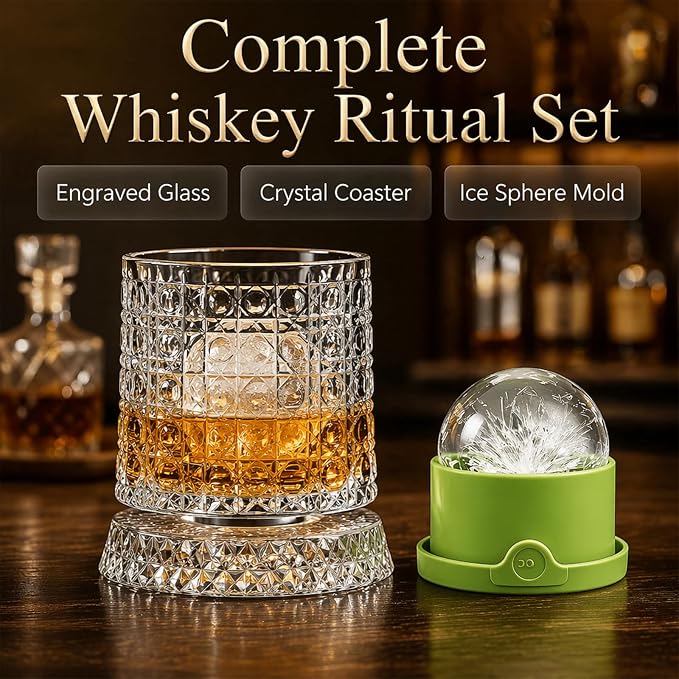 Spinning Whiskey Glass with Large Ice Ball Mold, 360° Rotating Crystal Rocks - Image 7