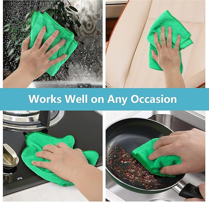 HOMEXCEL Green Microfiber Cleaning Cloth, 8 Pack Cleaning Towels for Kitchen, Lint Free, Scratch-Free, Highly Absorbent, and Reusable Cleaning Rags for House, Window and Glass, Cars, 11.5 X11.5 inch