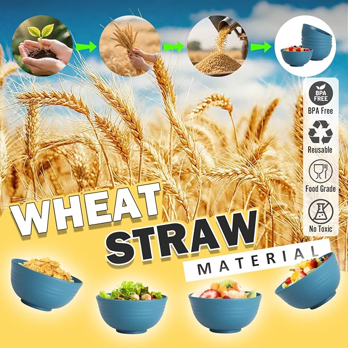 26 OZ Wheat Straw Bowls Set of 6, Reusable Plastic Kitchen Bowls, Unbreakable - Image 8