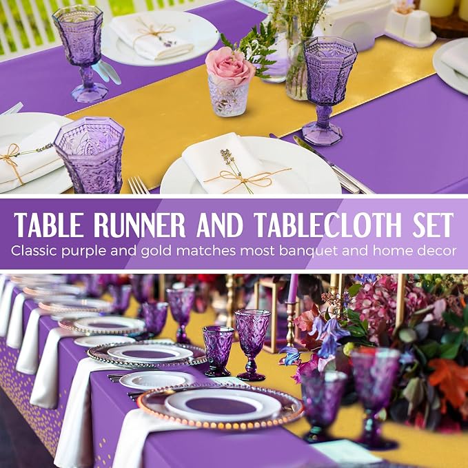 24 Pack Purple and Gold Disposable Plastic Tablecloths and Satin Table Runner - Image 6