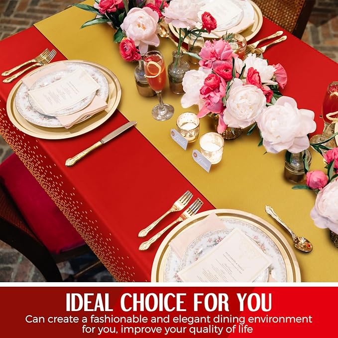 8 Pack Red and Gold Disposable Plastic Tablecloths and Satin Table Runner Set - Image 7