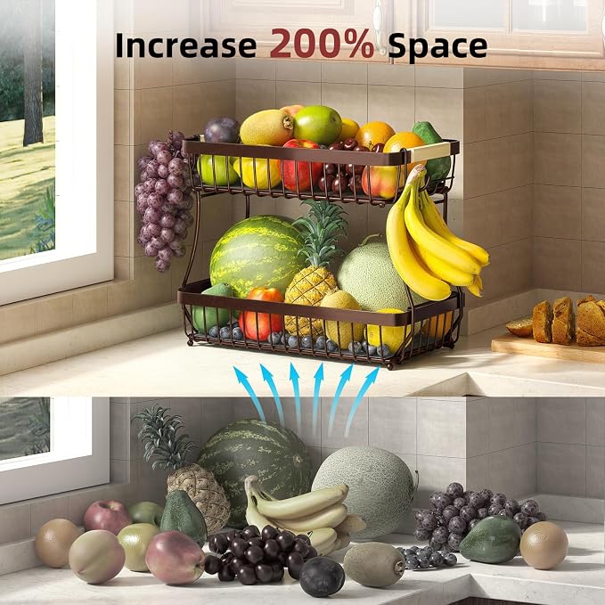 2-Tier Fruit Basket with Banana Hangers, Detachable Metal Bowl | Wooden handle - Image 9