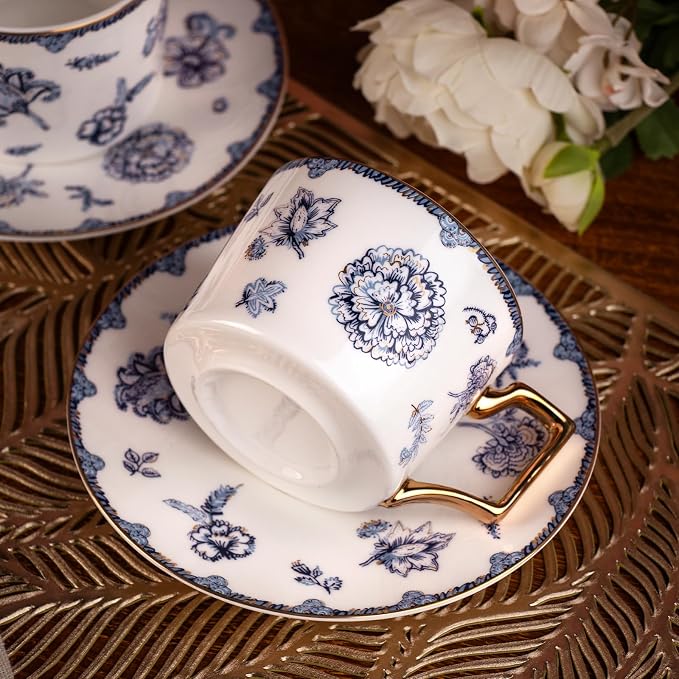 KAMMAK Tea Cups and Saucers Set of 2, Fine Bone China Coffee Cups, 571N | - Image 7