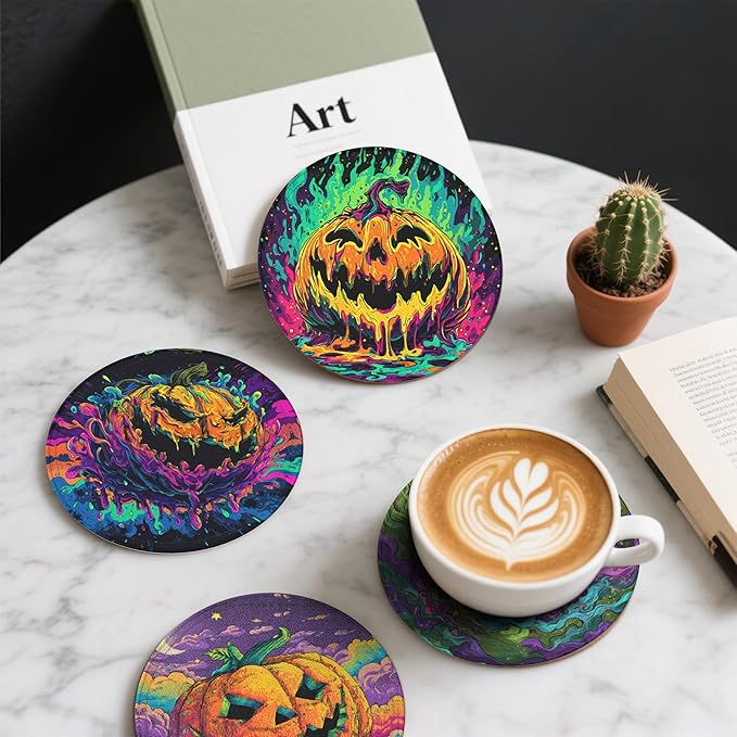 Pumpkin Coasters Leather Round Drink Coasters 6 Pcs Set - Image 6