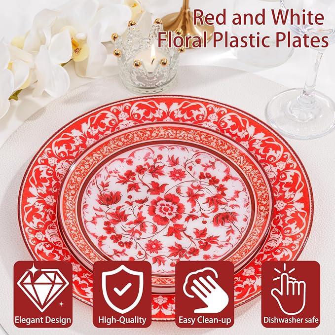 Red Plastic Plates, Fancy Disposable Pates, 10.25" dinner & 7.5" dessert plates - Image 9