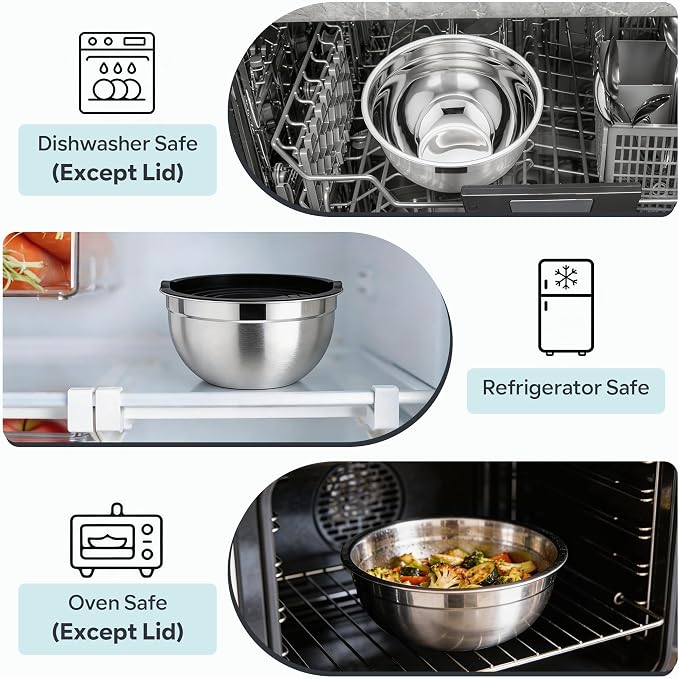 E-far Mixing Bowls With Lids Sets of 5, 10-Piece Stainless Steel Salad Metal - Image 7